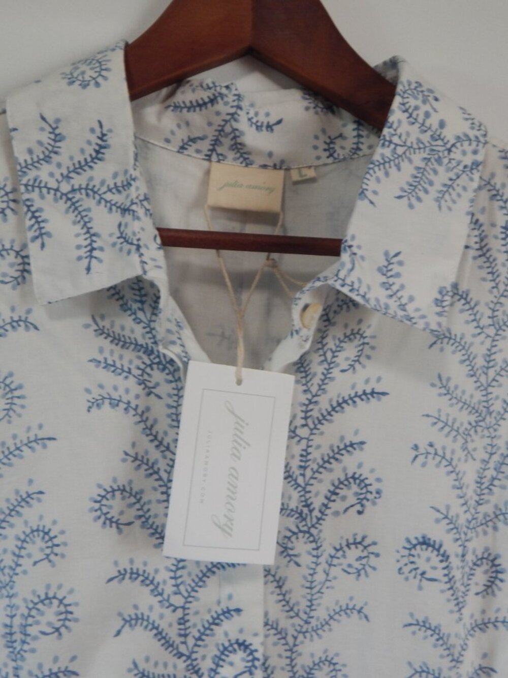 Julia 'Armory Shirt dress 100% cotton Blue White Floral Block Print Size L NWT - Picture 6 of 7